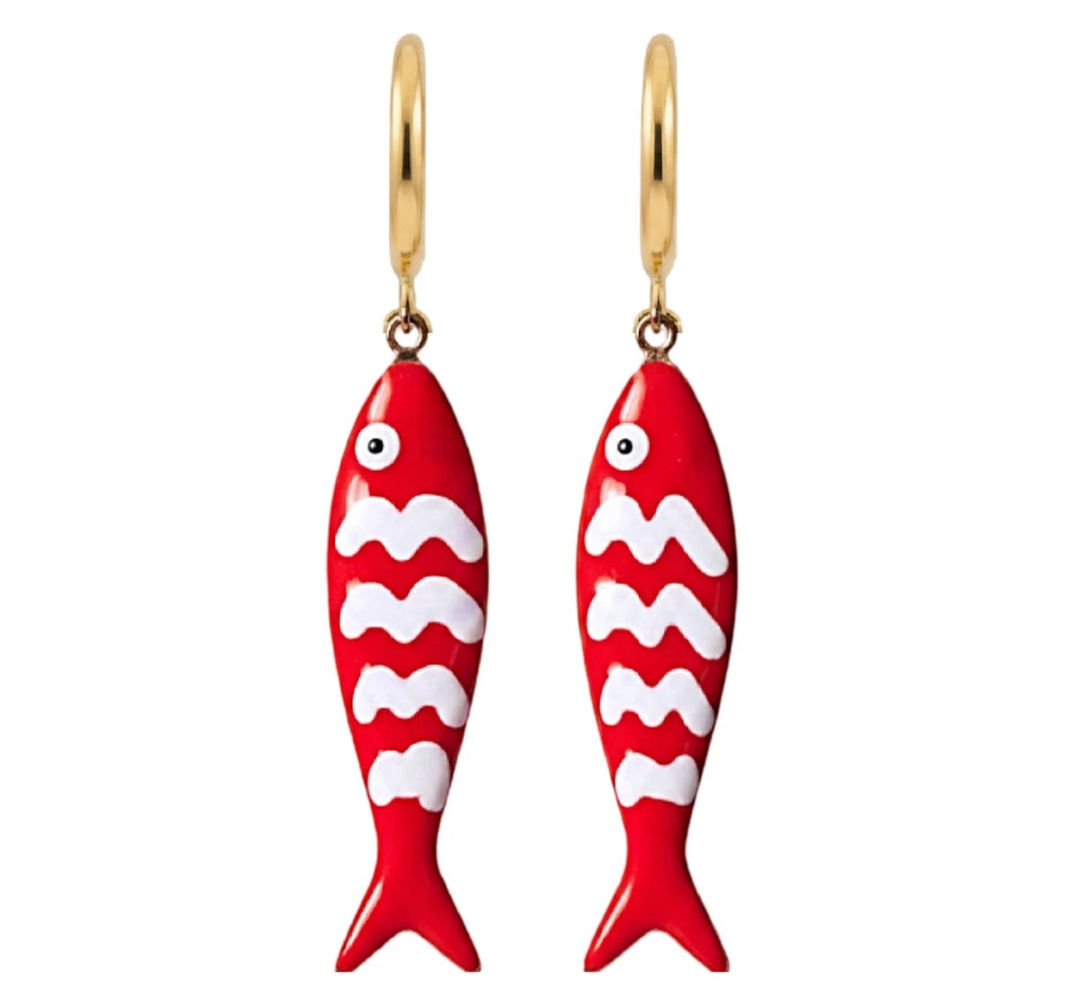 The Sirens Catch Red. Gold hoop earrings with a red and white enamel fish on a white background.