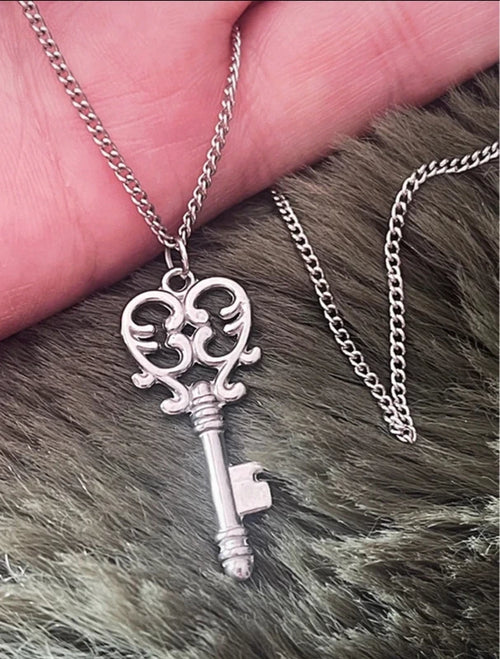 A delicate silver curb chain with an ornate silver key.