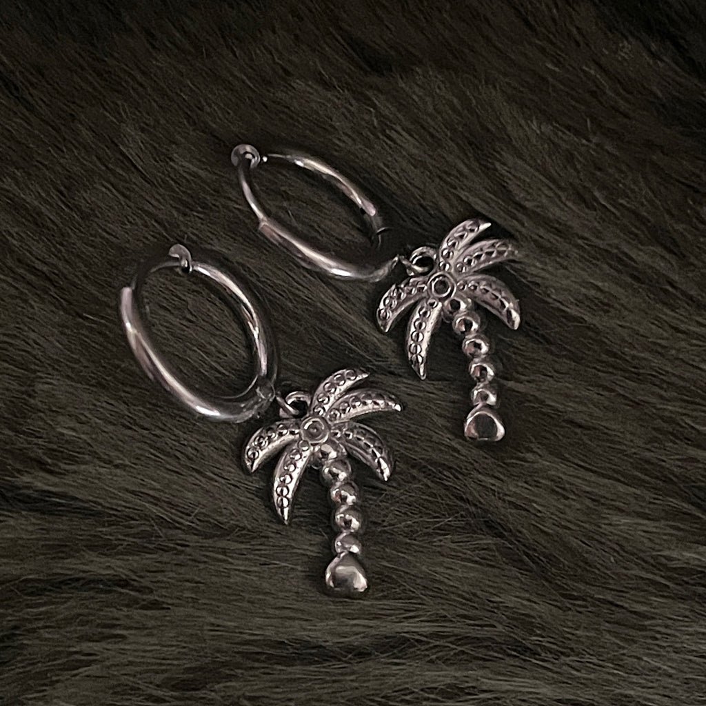 Bohemian Palm Tree Charm Hoops | Silver