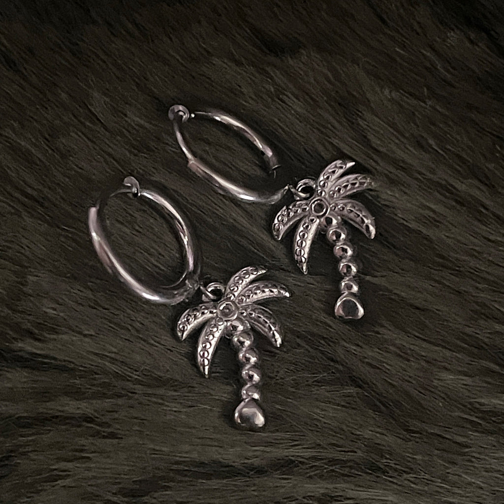 Bohemian Palm Tree Charm Hoops | Silver