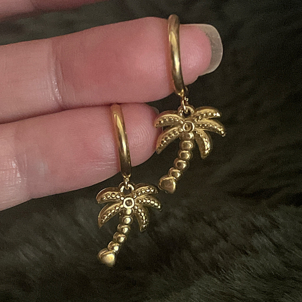 Bohemian Palm Tree Charm Hoops | Gold
