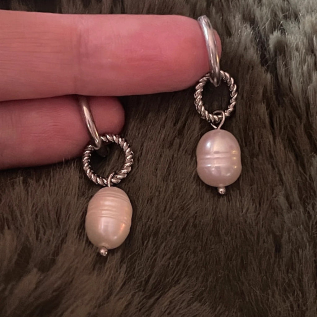 The Moonlit Pearl | Textured Silver & Natural Pearl Hoops