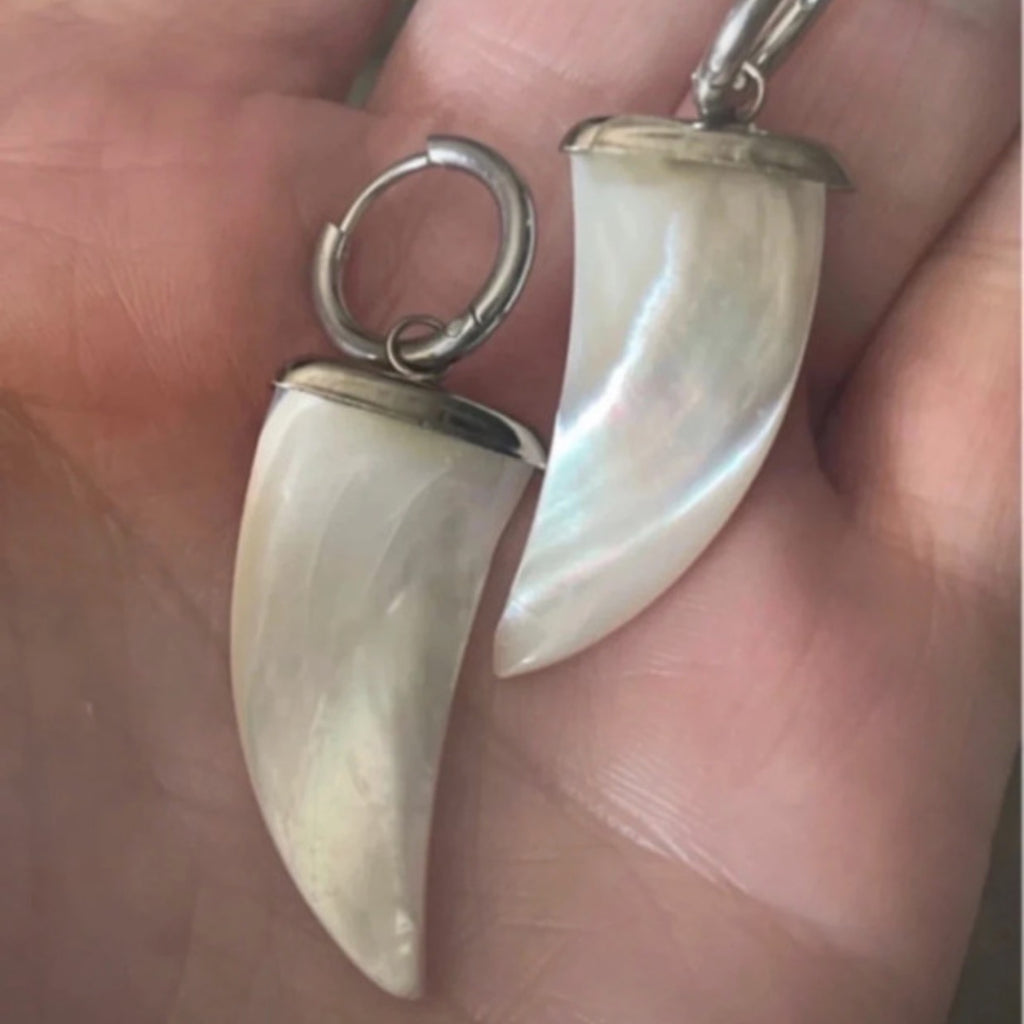 Silver Shell Tusk Hoops – Tribal Boho Aesthetic