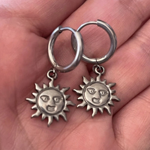 Celestial Sol | Silver Sun Face Huggie Hoops