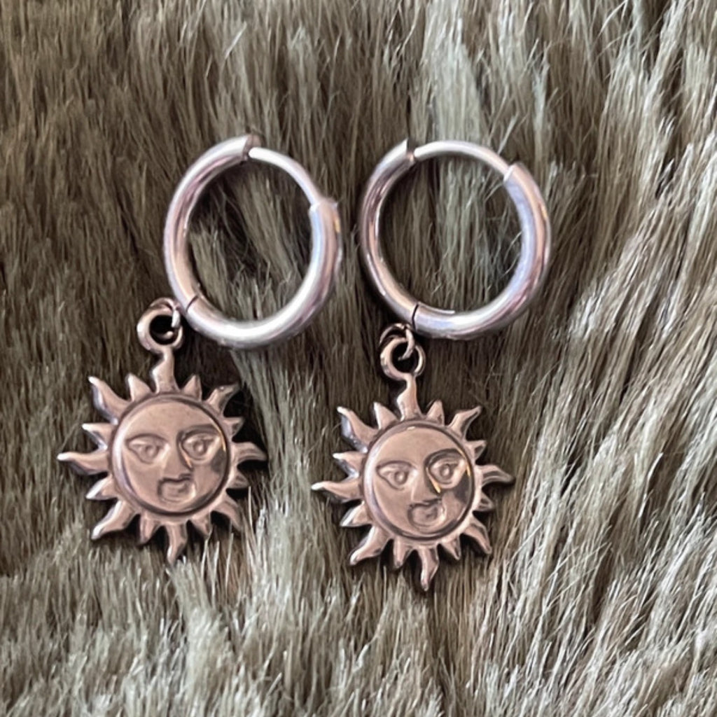 Celestial Sol | Silver Sun Face Huggie Hoops
