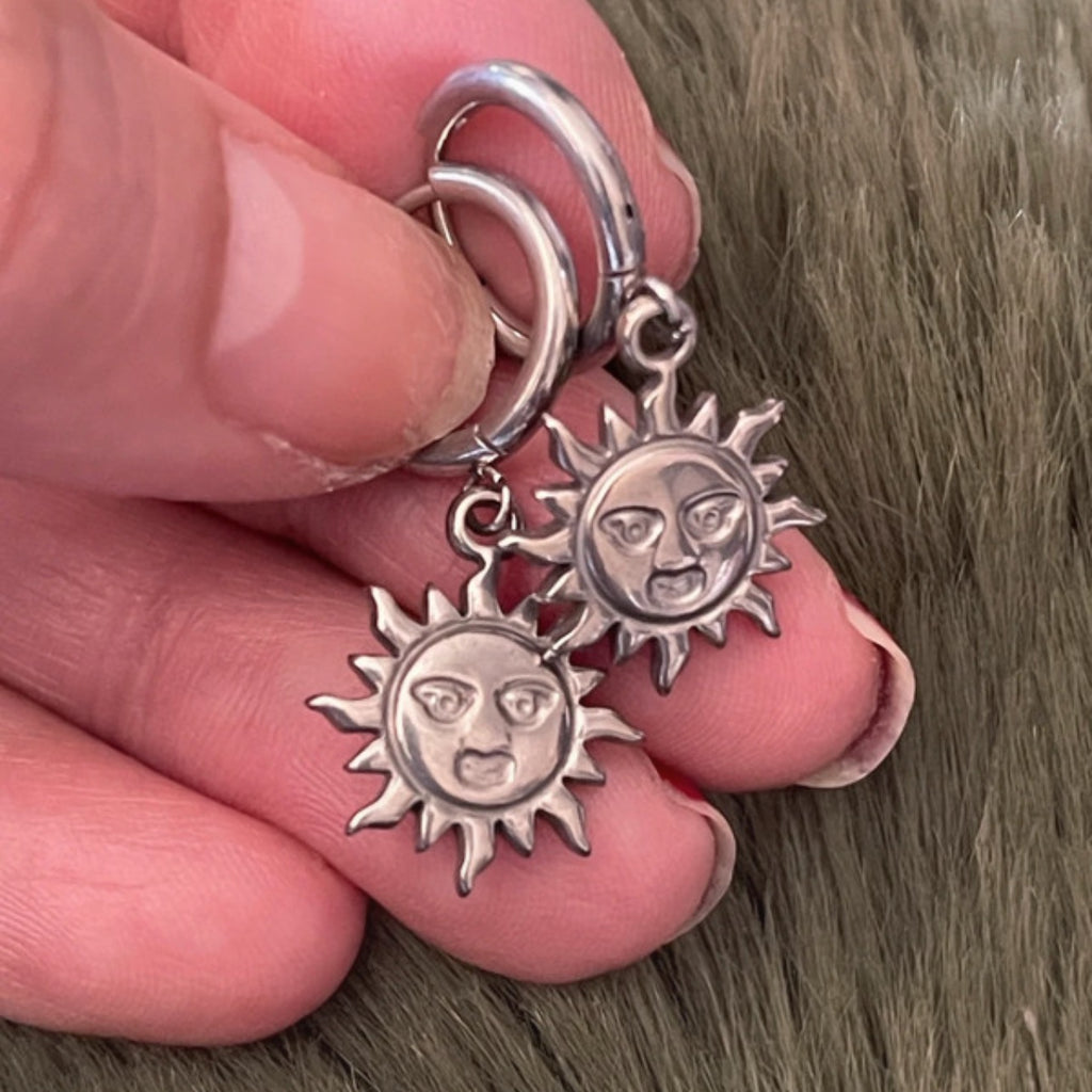Celestial Sol | Silver Sun Face Huggie Hoops