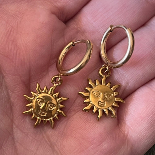 Celestial Sol | Gold Sun Face Huggie Hoops