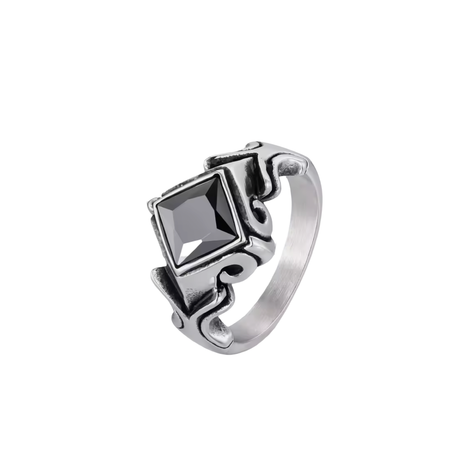 A silver-toned gothic-style ring featuring a large, faceted black diamond-shaped gemstone in the center, set against a clean white background.