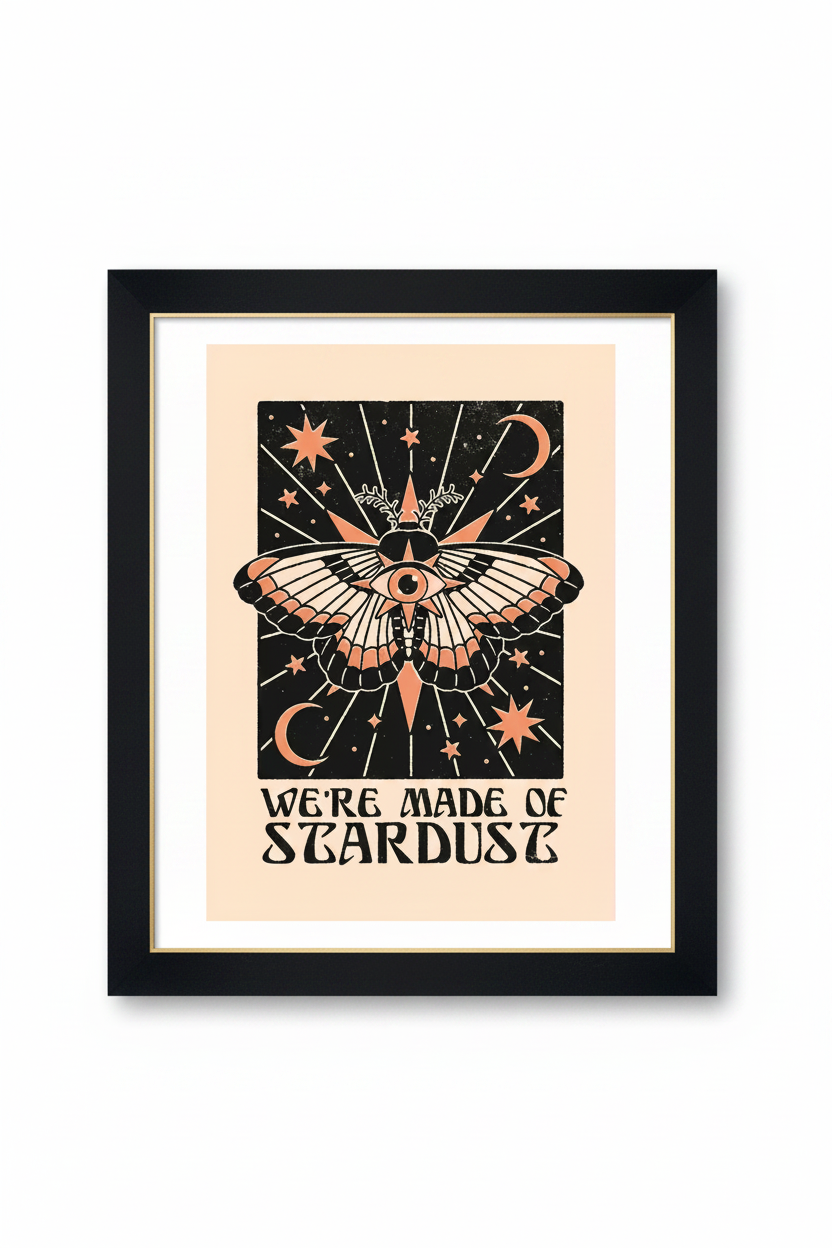 A square art print with a pale peach border featuring a black central illustration of a moth surrounded by stars, crescent moons, and radiating lines, with the text 'WE'RE MADE OF STARDUST' below.