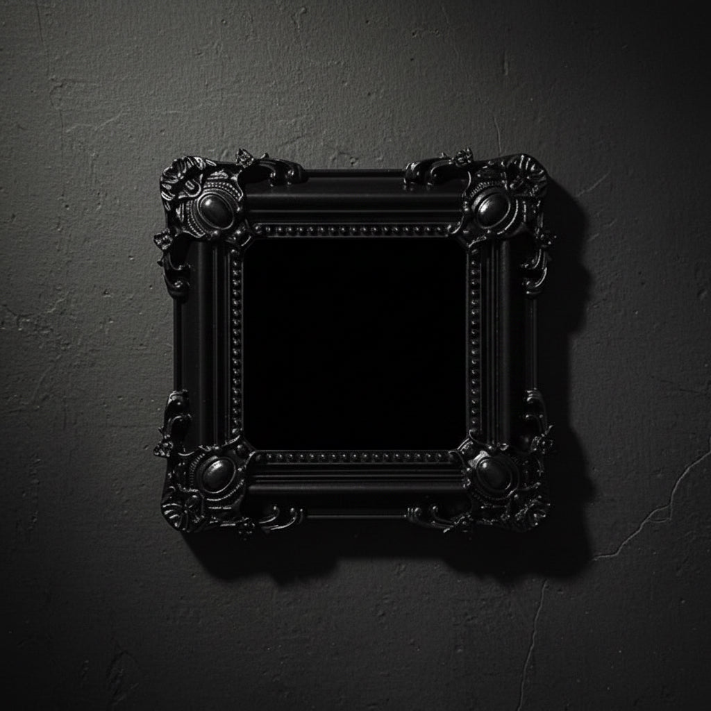 Decorative black picture frame on a dark gray wall