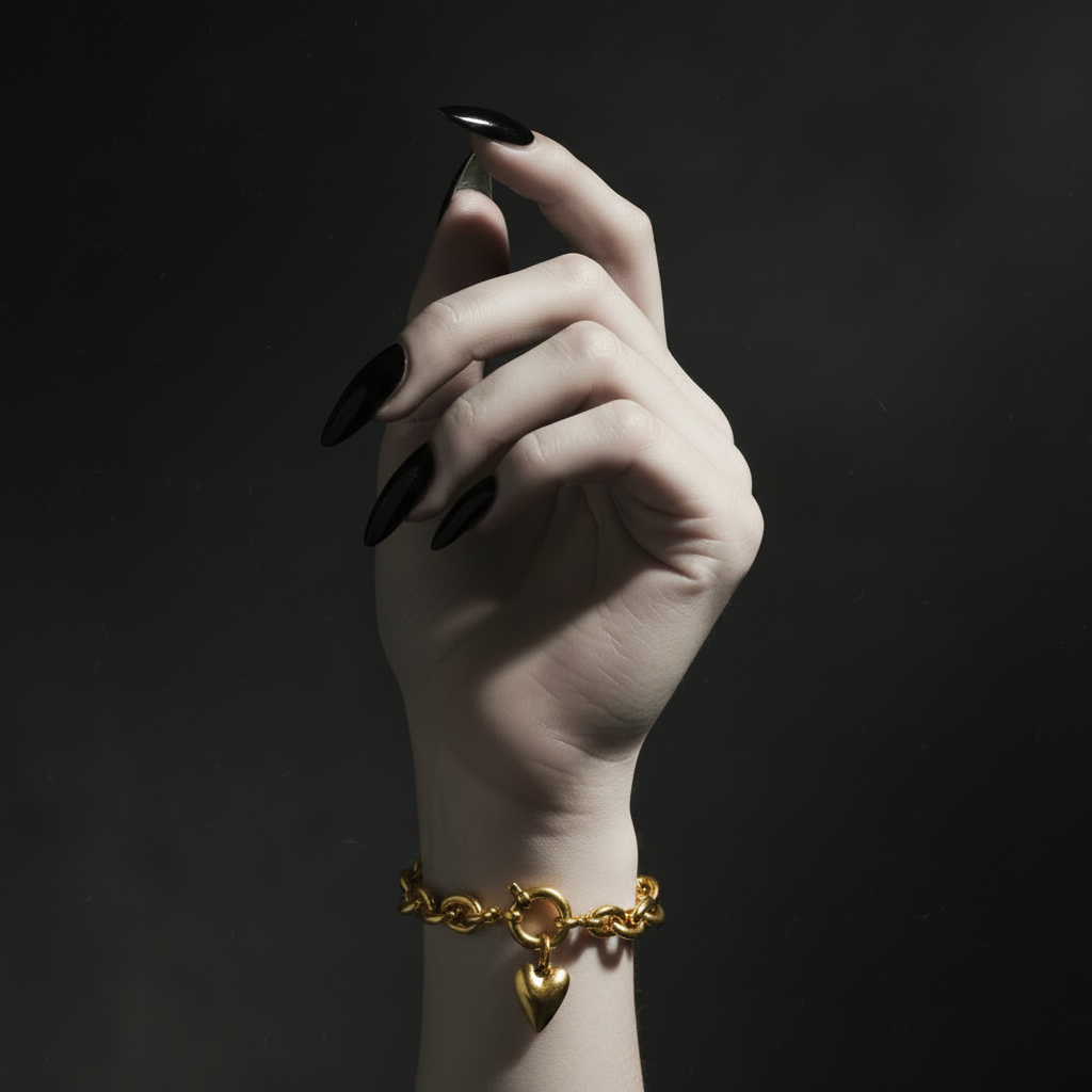 Gold chain bracelet with a heart-shaped charm on a white background
