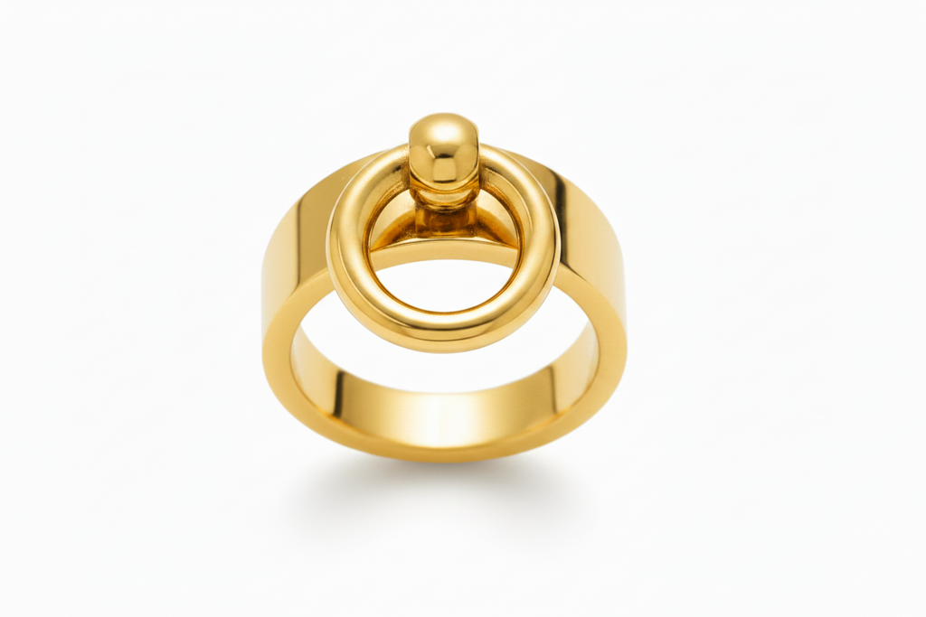A polished gold ring with a unique gold hoop, shown on a clean white background.