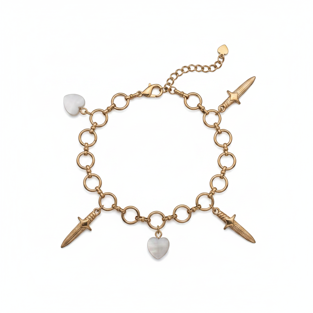 Gold bracelet with heart and dagger charms on a white background