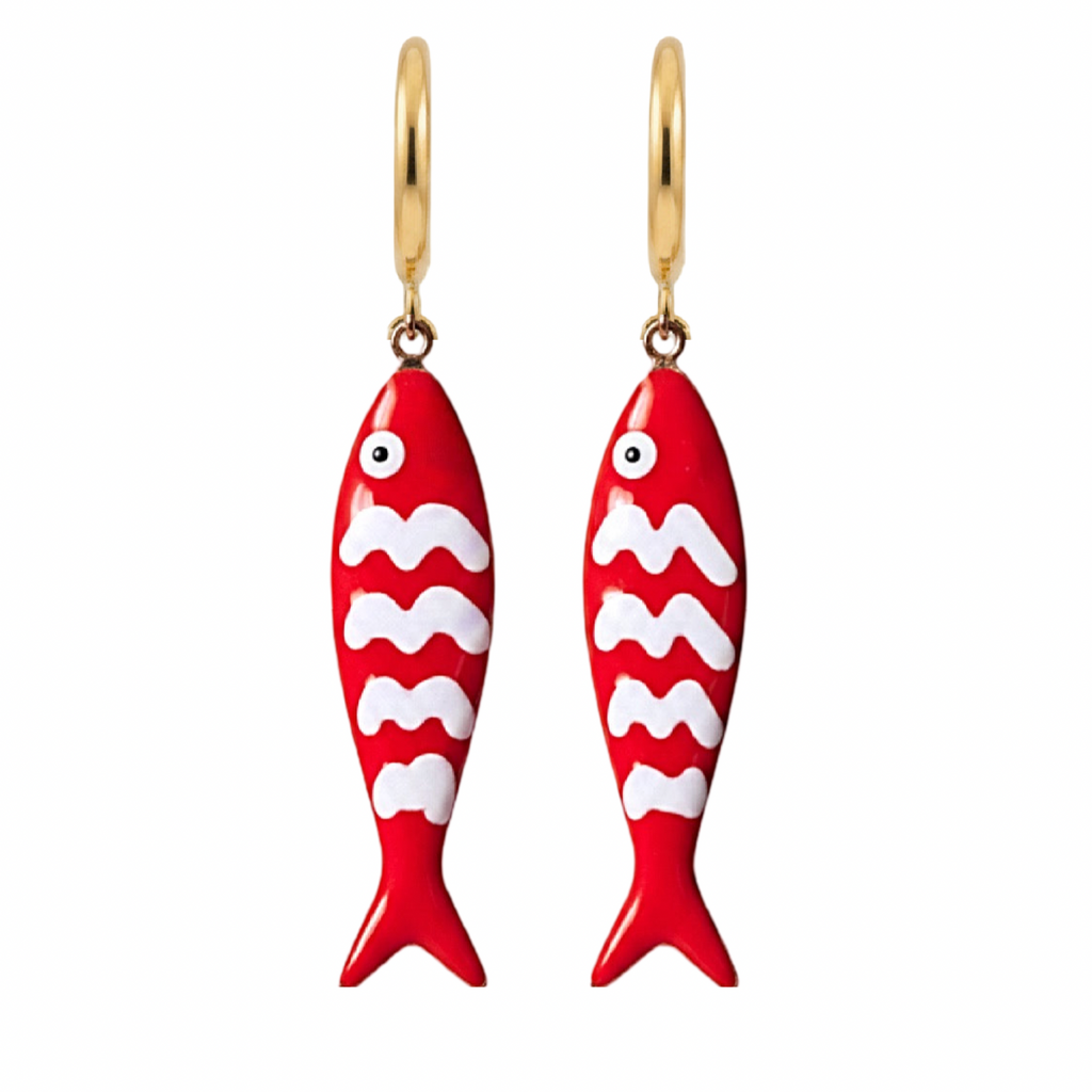 Red fish-shaped earrings with white wave patterns on a gold hook against a white background