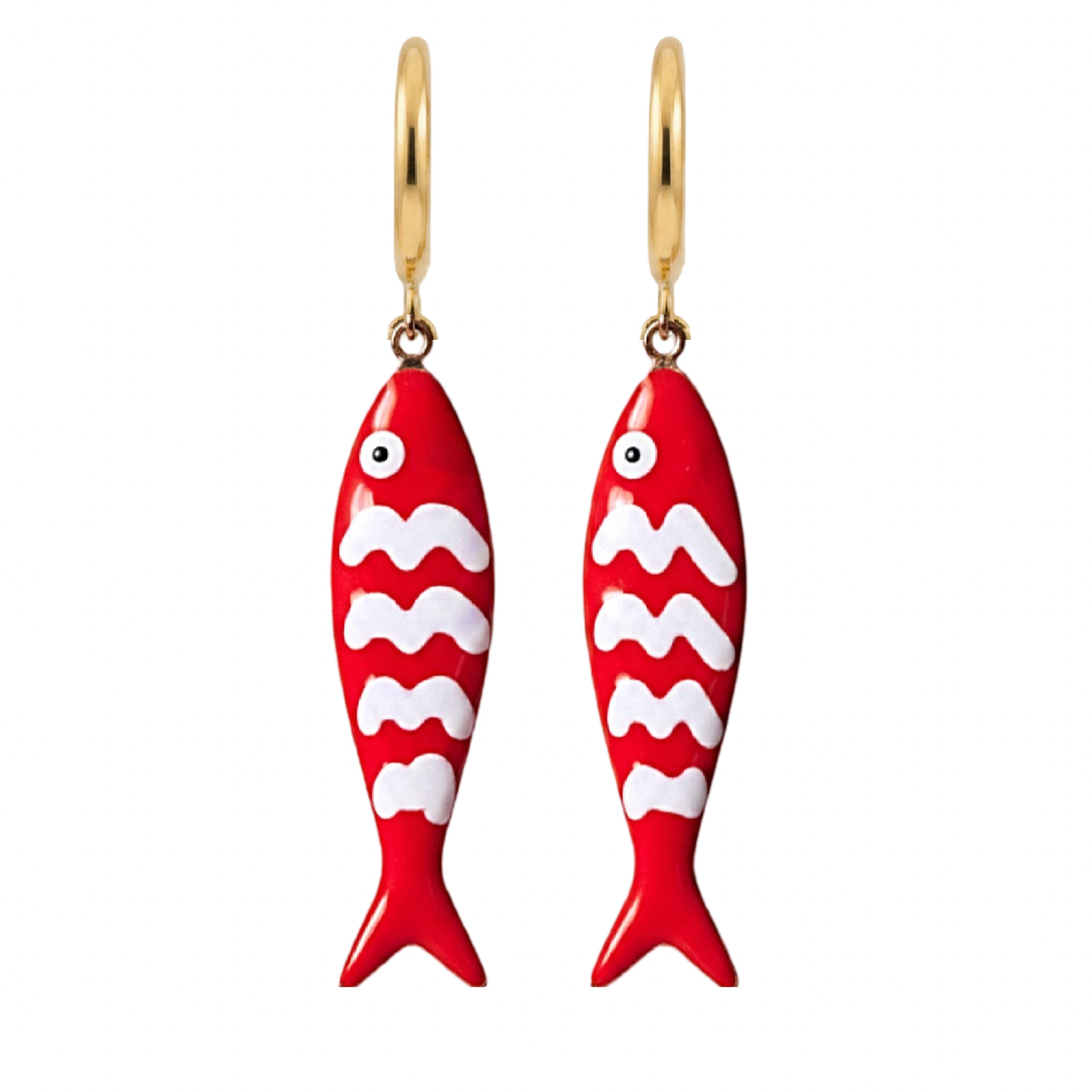 Red fish-shaped earrings with white wave patterns on a gold hook against a white background