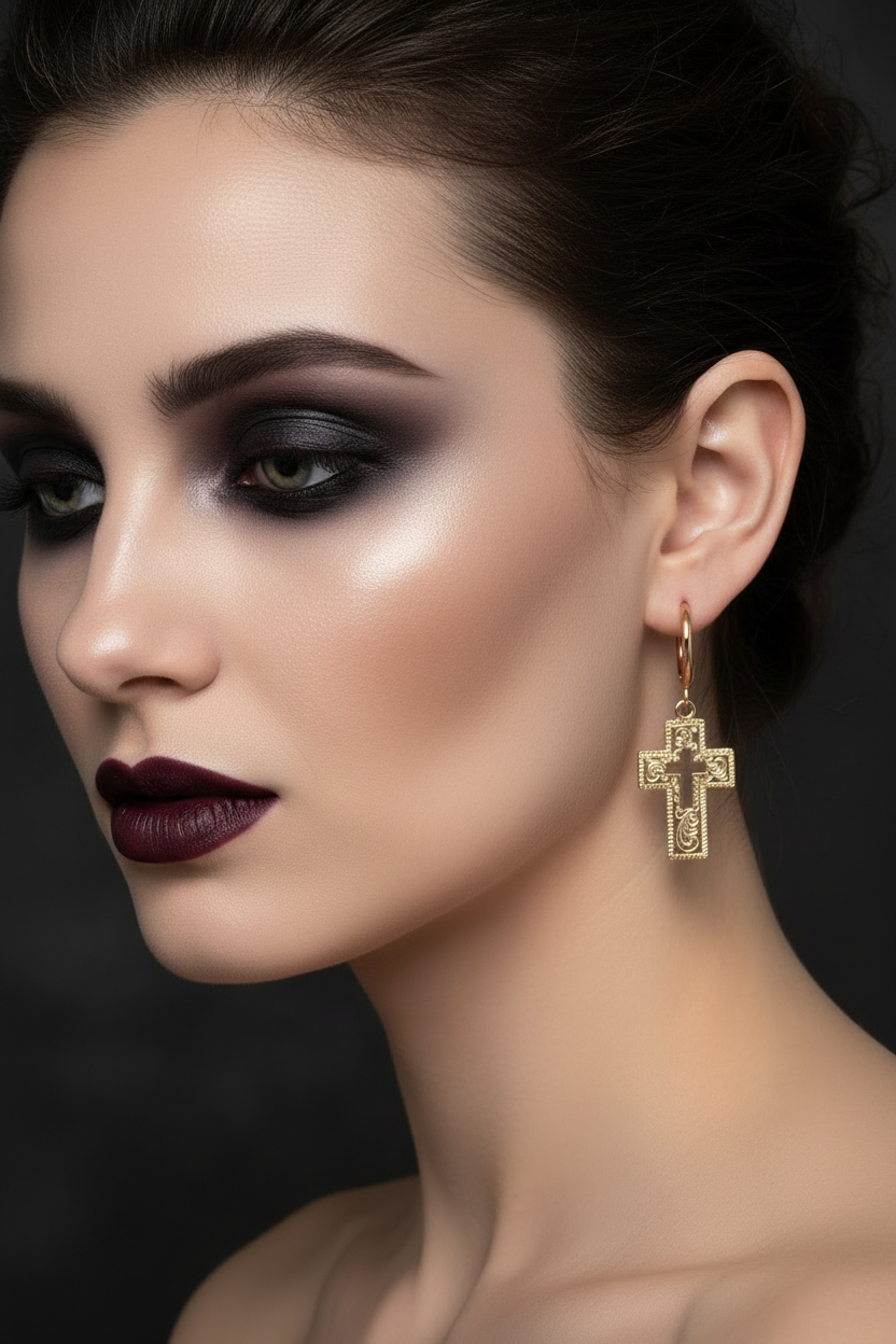 Close-up of a woman wearing a gold cross earring against a dark background