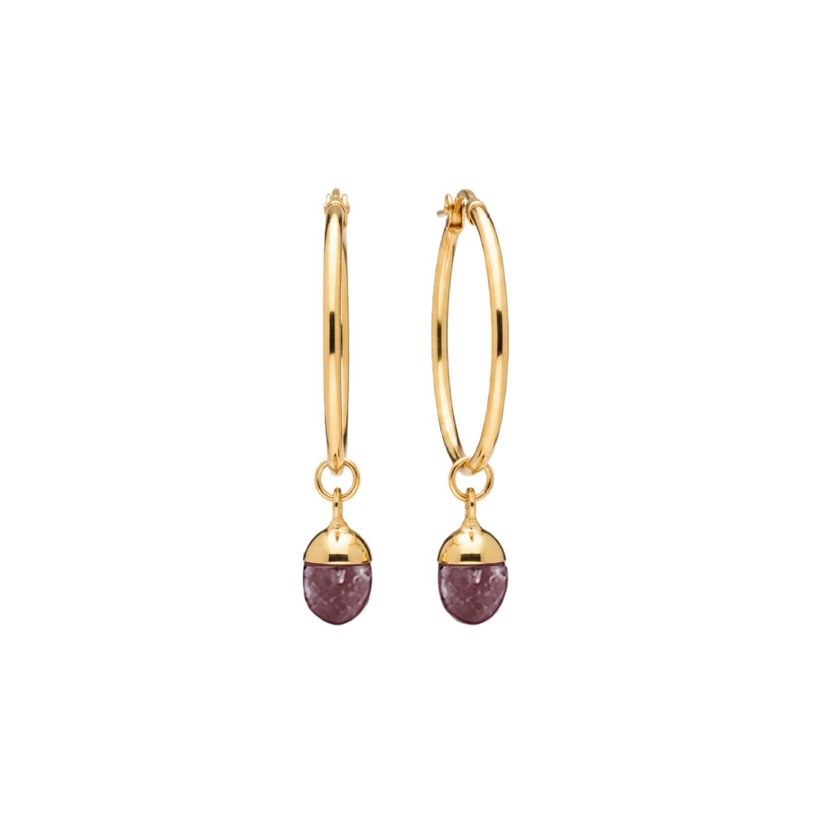 A pair of gold hoop earrings with dangling oval purple amethyst gemstone crystals shown against a plain white background.