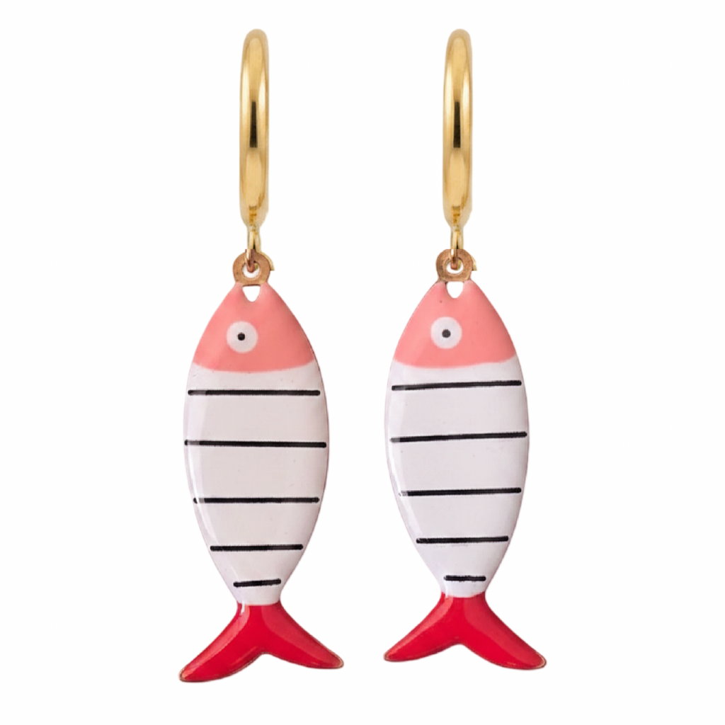 Fish-shaped earrings with gold hoops on a white background