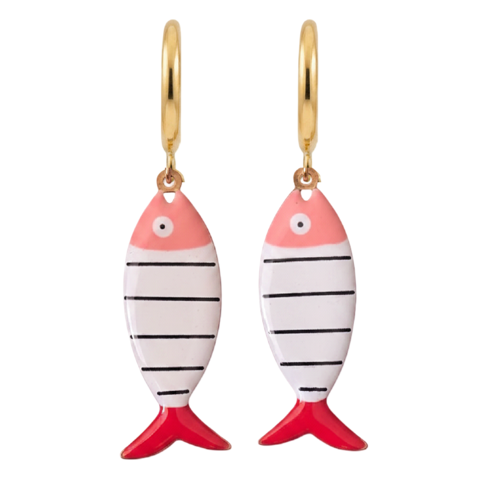 Fish-shaped earrings with gold hoops on a white background