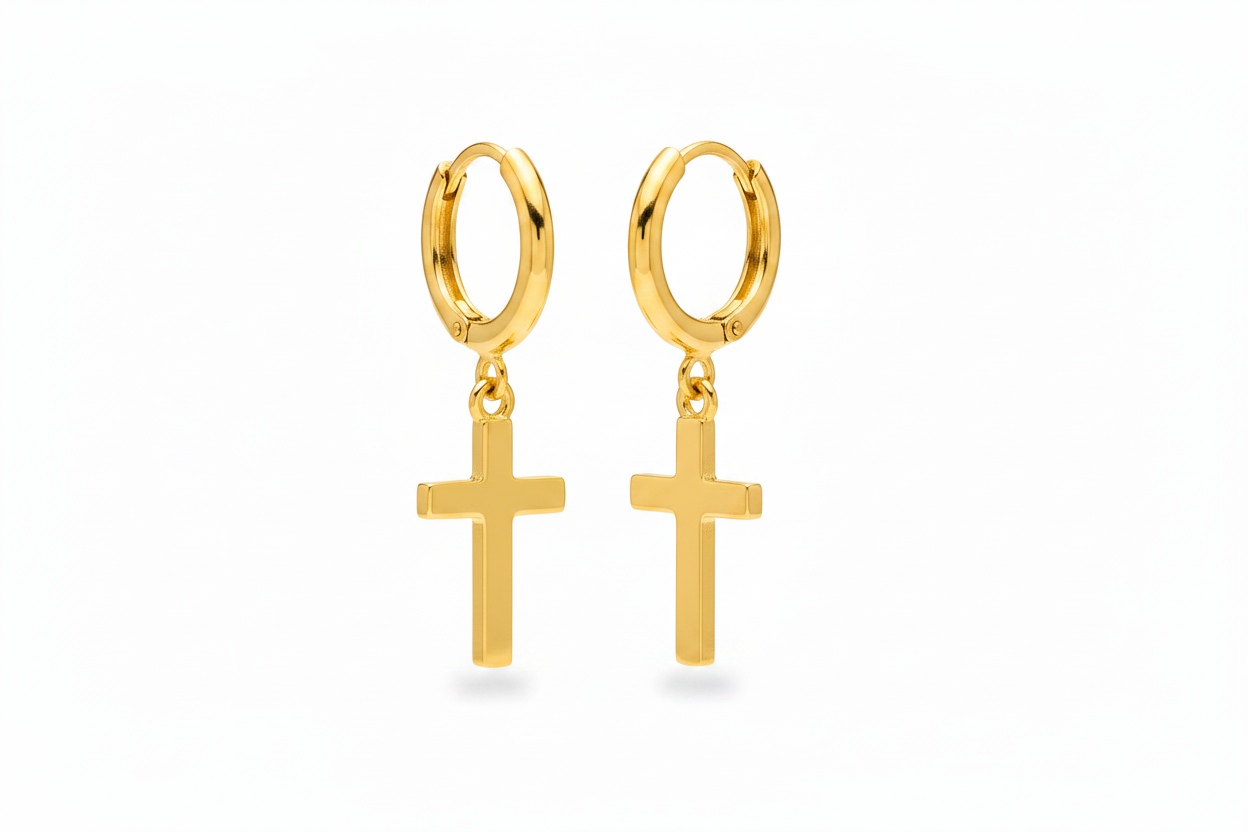 A pair of gold hoop earrings with small cross dangles, shown on a clean white background.