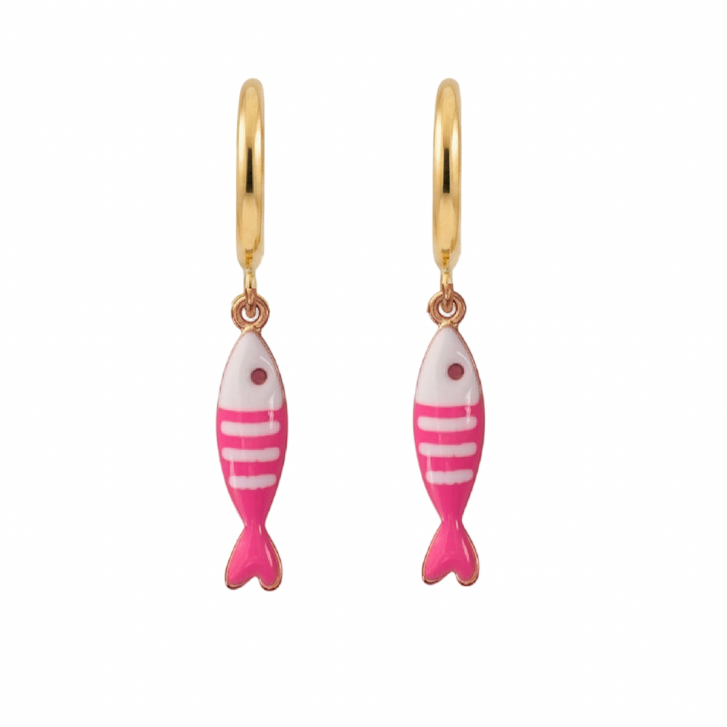 Gold hoop earrings with pink fish-shaped charms on a white background