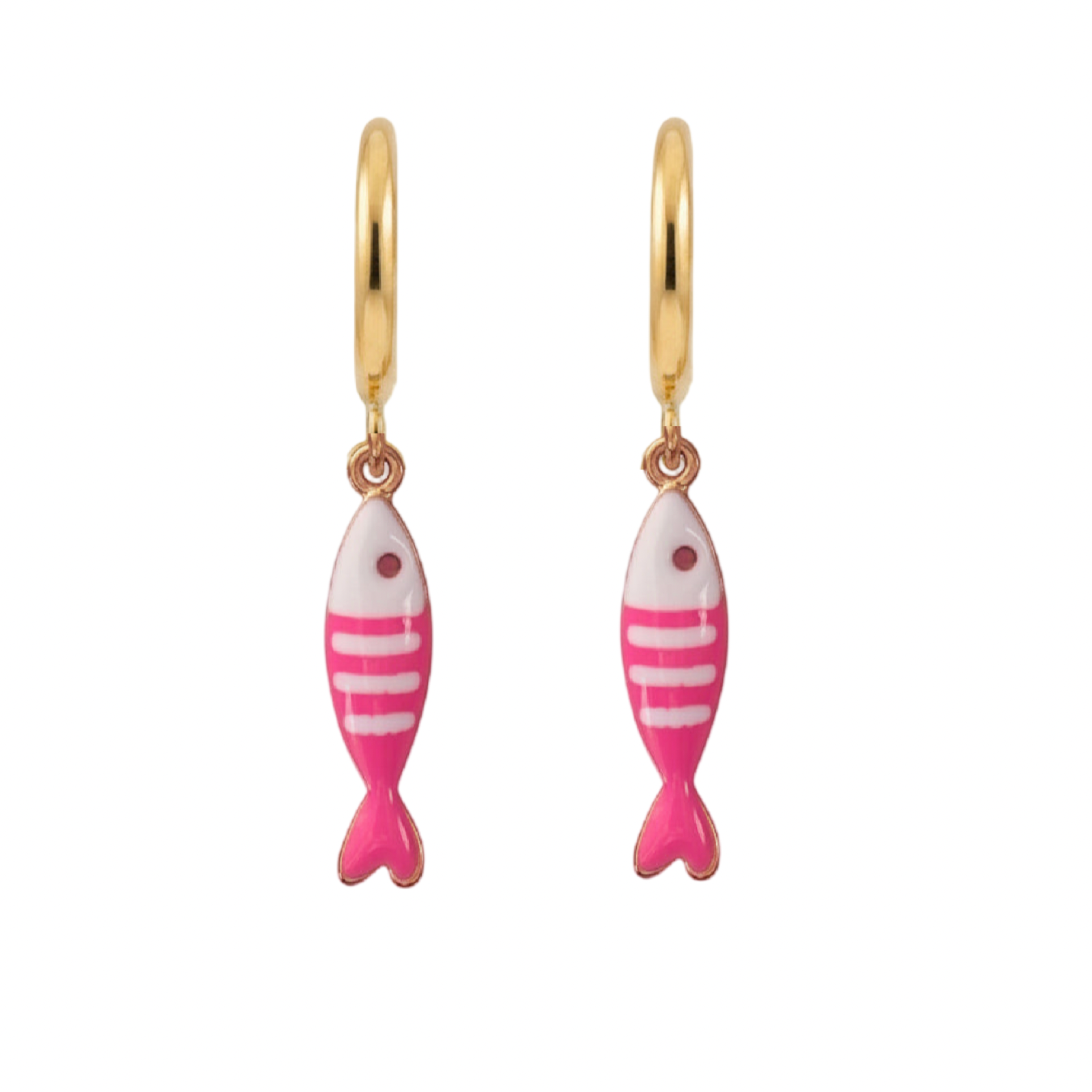 Gold hoop earrings with pink fish-shaped charms on a white background