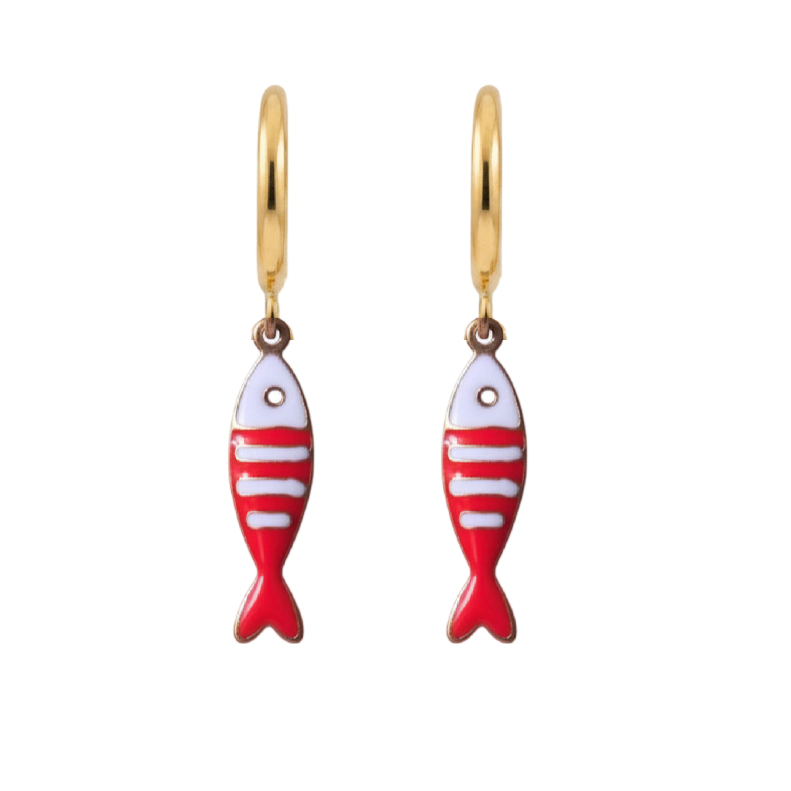 Gold hoop earrings with red and white fish-shaped charms on a white background