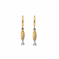 Gold fish-shaped earrings with yellow and white stripes on a white background