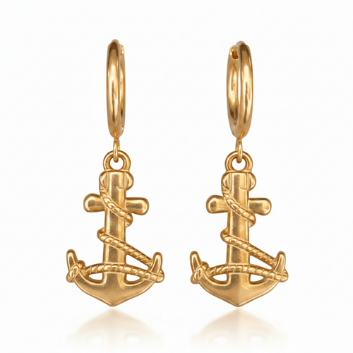 Gold anchor-shaped earrings on a white background