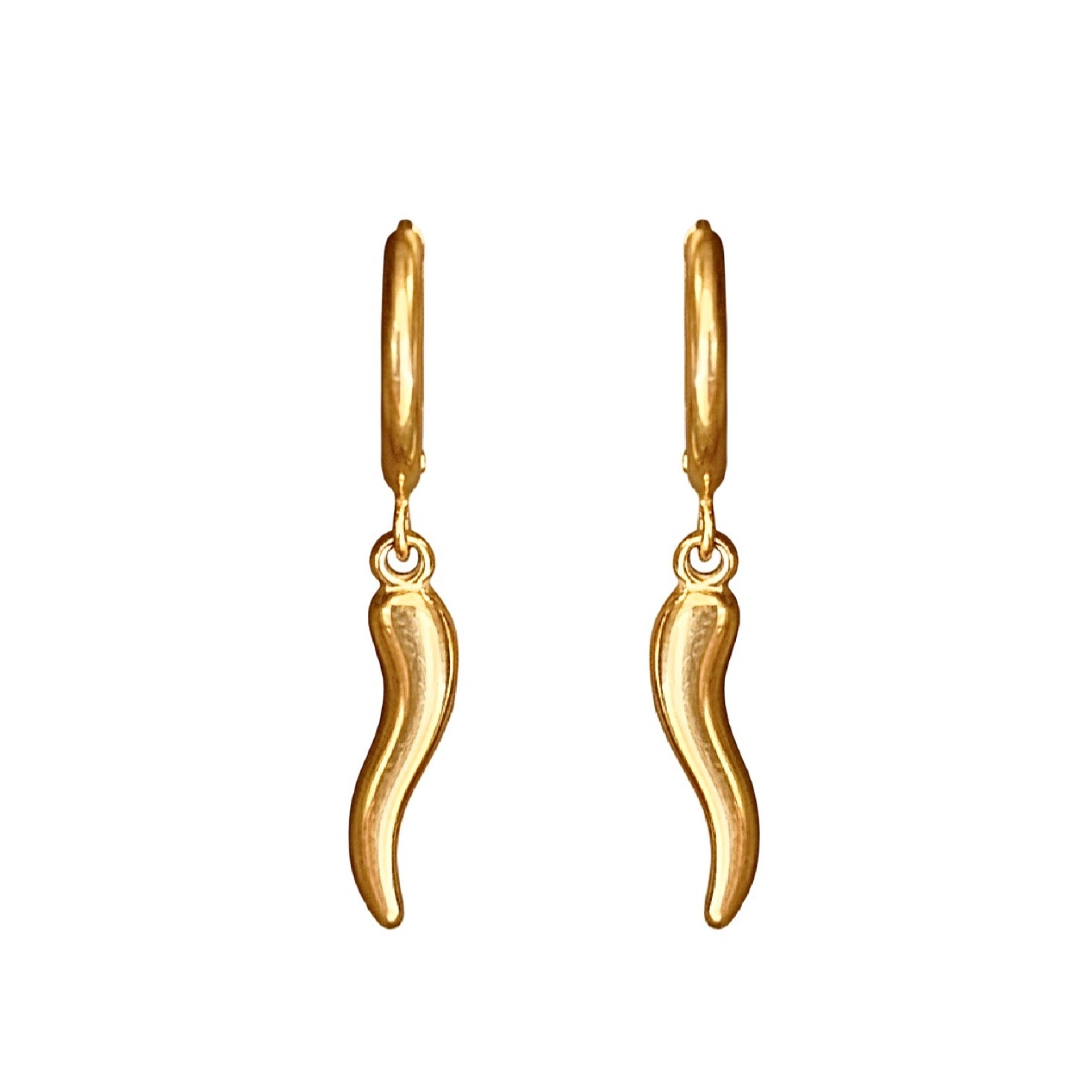 Gold chilli-shaped earrings on a white background