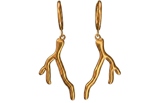 Gold coral-shaped earrings on a white background