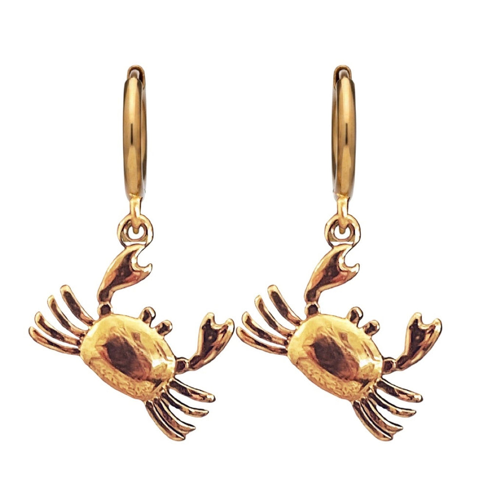 Gold crab-shaped earrings on a white background