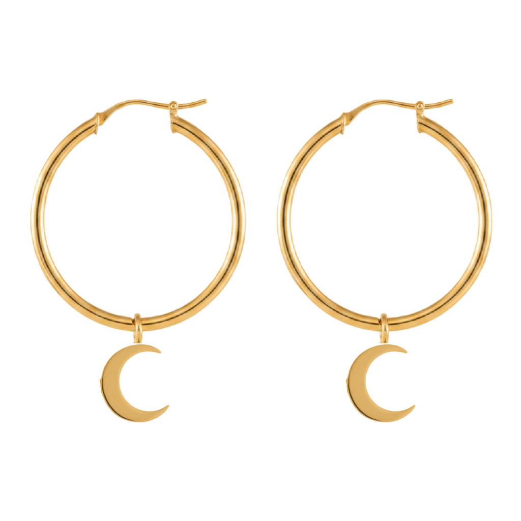 Gold hoop earrings with crescent moon pendants on a white background
