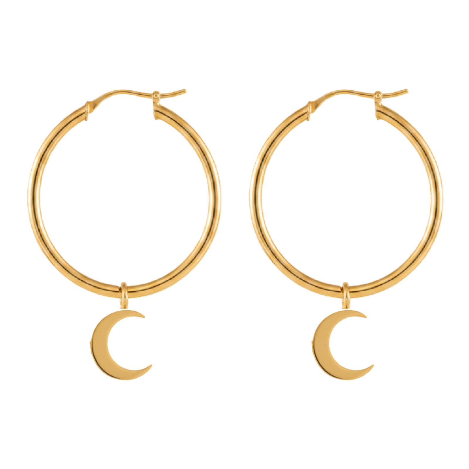 Gold hoop earrings with crescent moon pendants on a white background