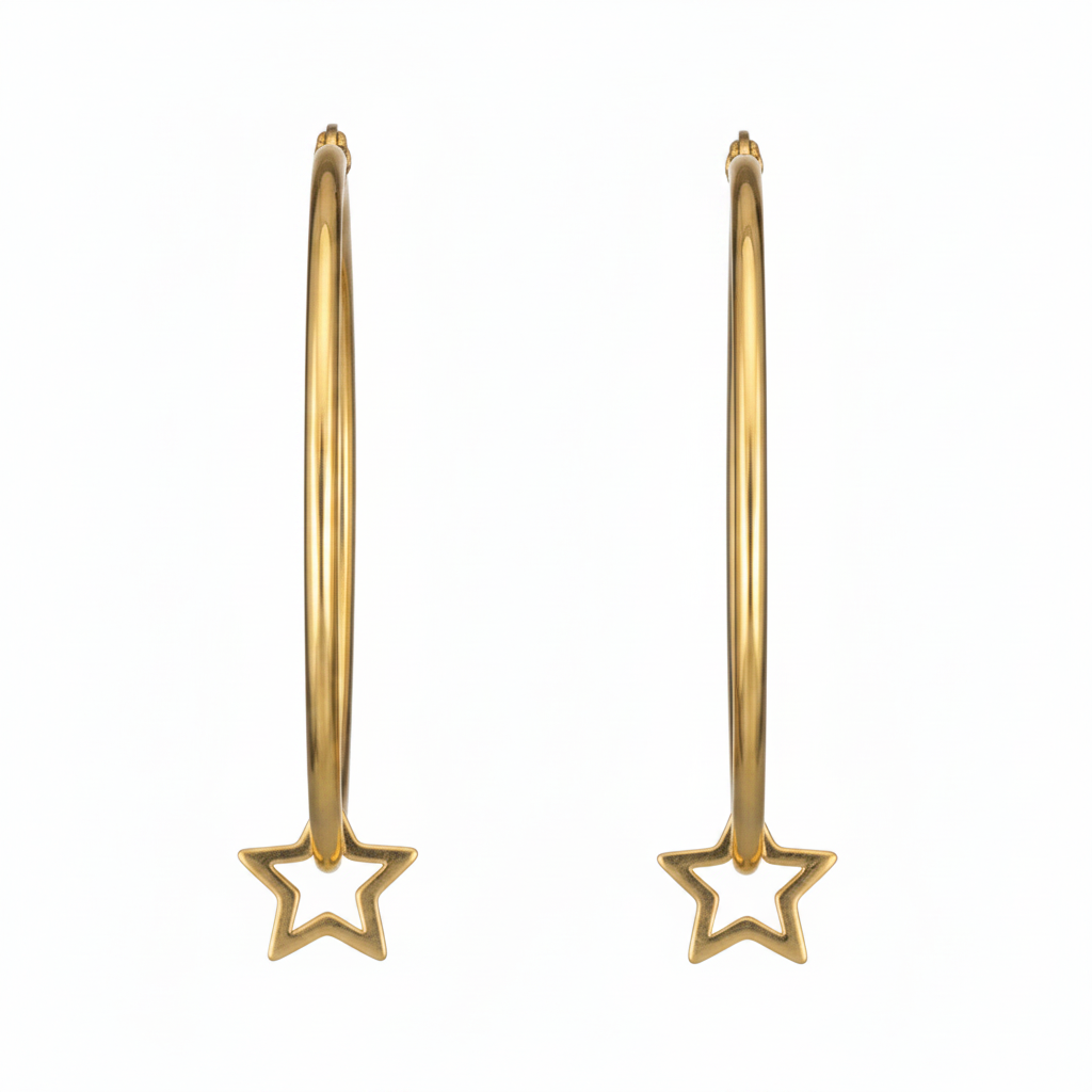 Gold hoop earrings with gold open star on a white background