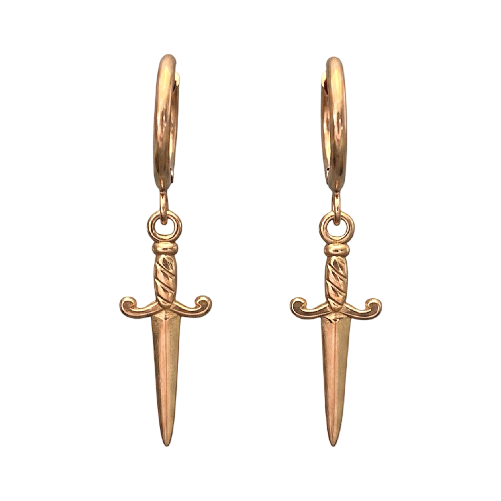 Gold sword-shaped earrings on a white background