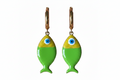 Green fish-shaped earrings with blue eyes on a white background