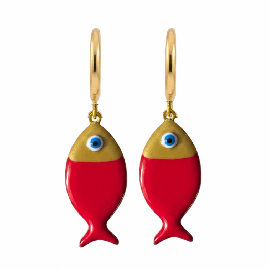 Red fish-shaped earrings with gold tops on a white background