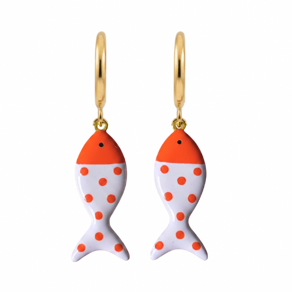 Gold fish-shaped earrings with orange and white design on a white background