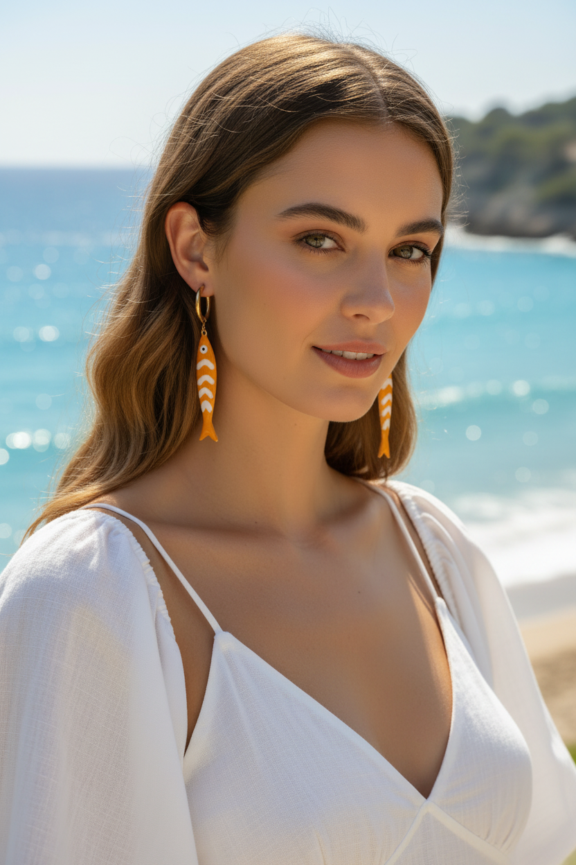 Woman in a white top wearing yellow and white fish earrings with ocean and beach in the background