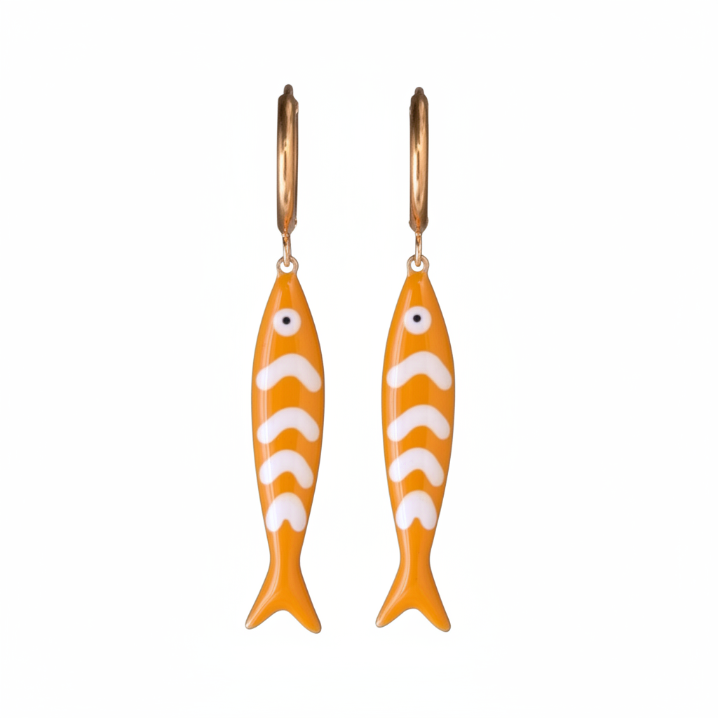 Yellow fish-shaped earrings with white stripes on a white background