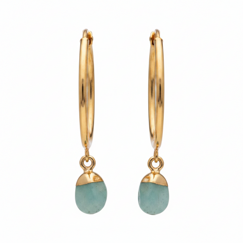 Gold hoop earrings with greenstone drops on a white background