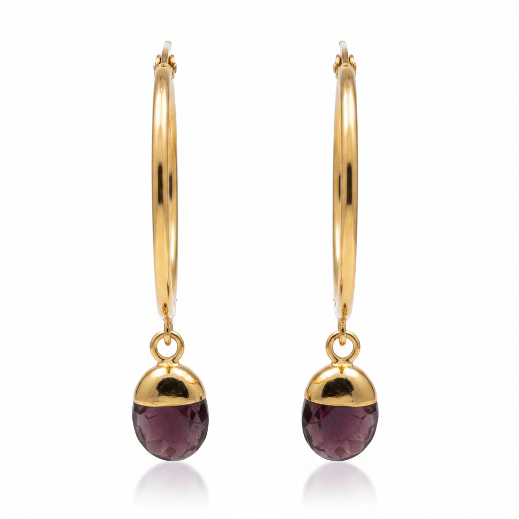Gold hoop earrings with purple amethyst gemstones on a white background