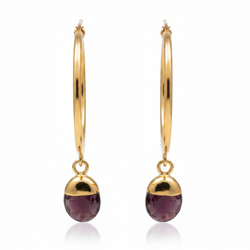 Gold hoop earrings with purple amethyst gemstones on a white background