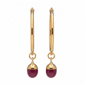 Gold hoop earrings with red gemstones on a white background