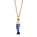 Blue and white fish pendant on whit background 