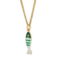 Gold necklace with a green and white fish pendant on a white background