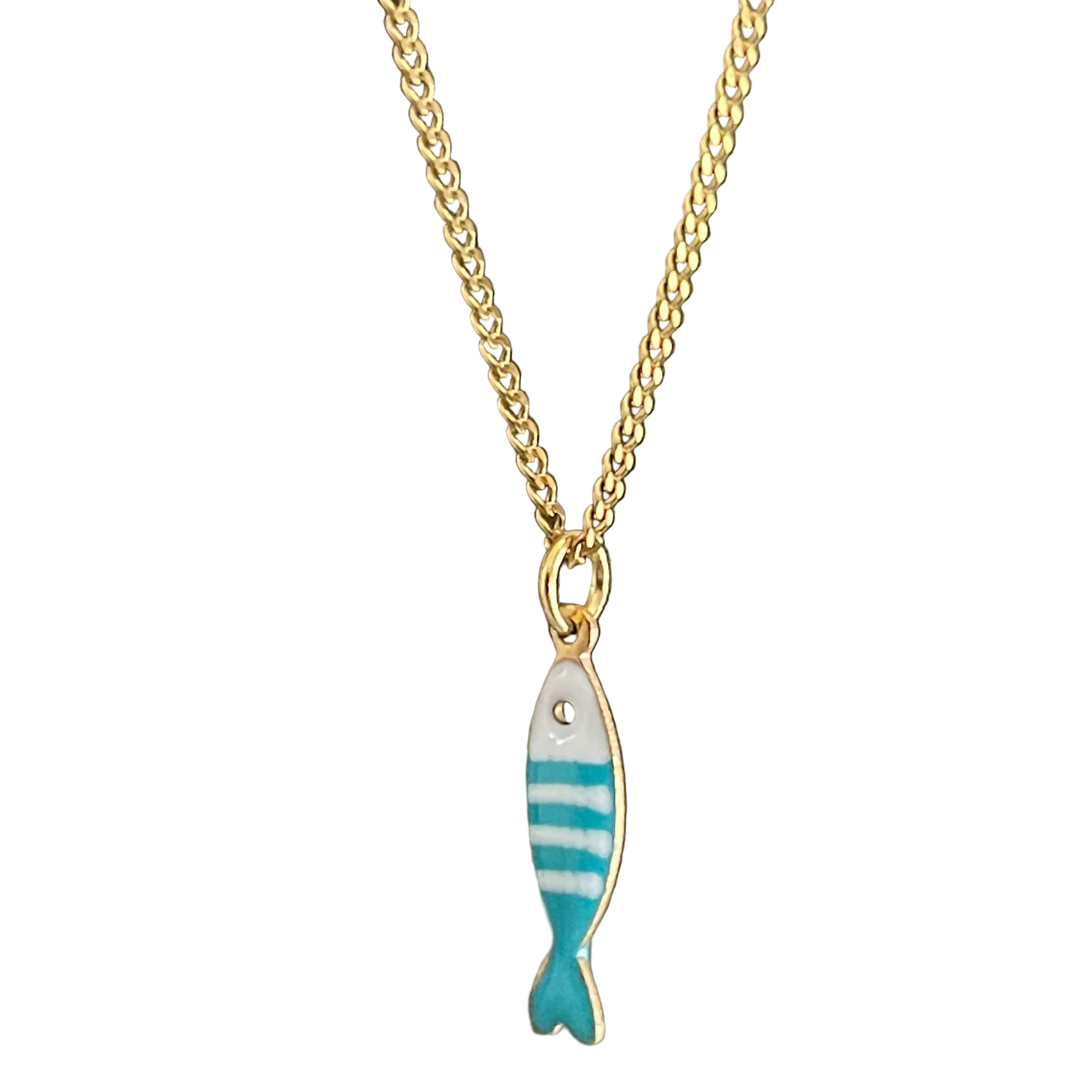 Gold chain a turquoise and white fish pendant on white background 