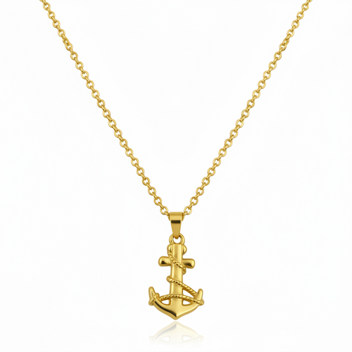 Gold anchor necklace on a white background.