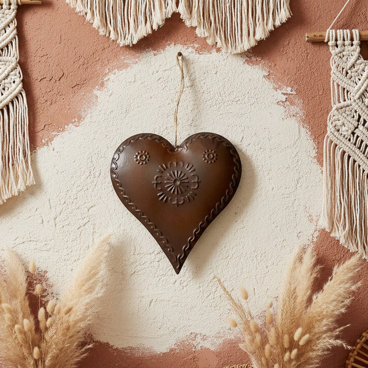 Decorative wall with  a heart-shaped metal piece, and natural elements on a pink wall.